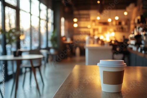 Contemporary coworking space with multiple workstations and a coffee bar, diagonal composition and warm artificial lighting