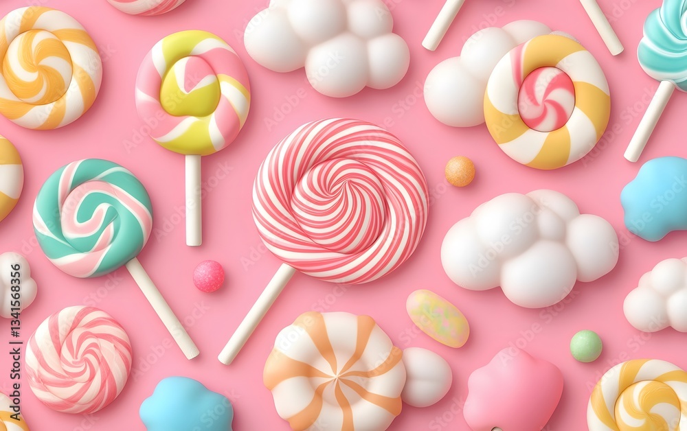 Seamless candy land pattern with swirling lollipops, gumdrops, and pastel clouds of cotton candy