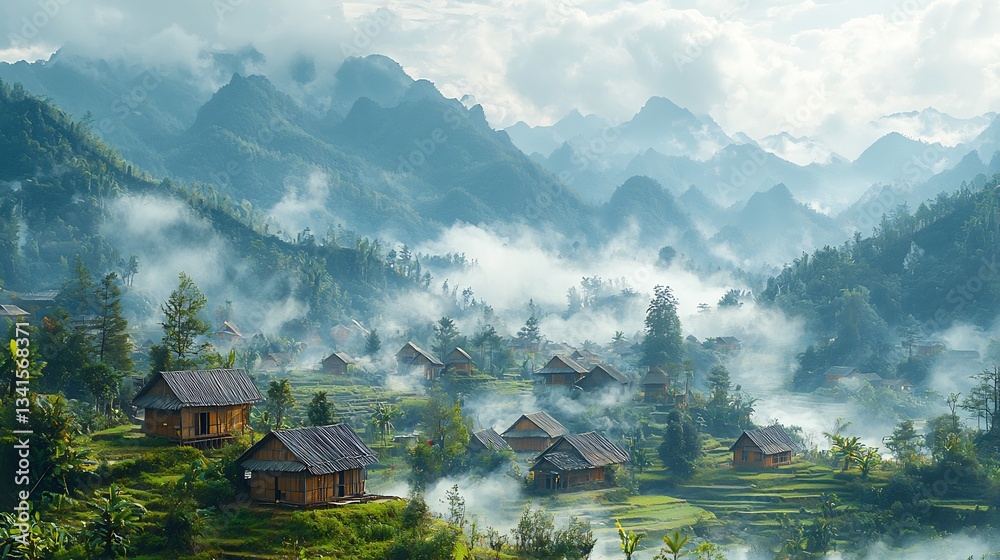 Fototapeta premium Dramatic view of a Hmong village surrounded by misty mountains with smoke rising from bamboo houses and villagers working in the fields captured with prime lens