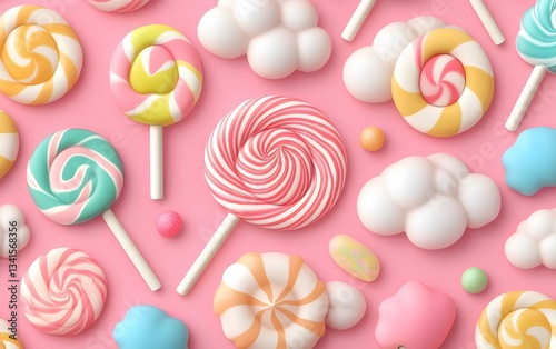 Obraz na płótnie Seamless candy land pattern with swirling lollipops, gumdrops, and pastel clouds of cotton candy w salonie