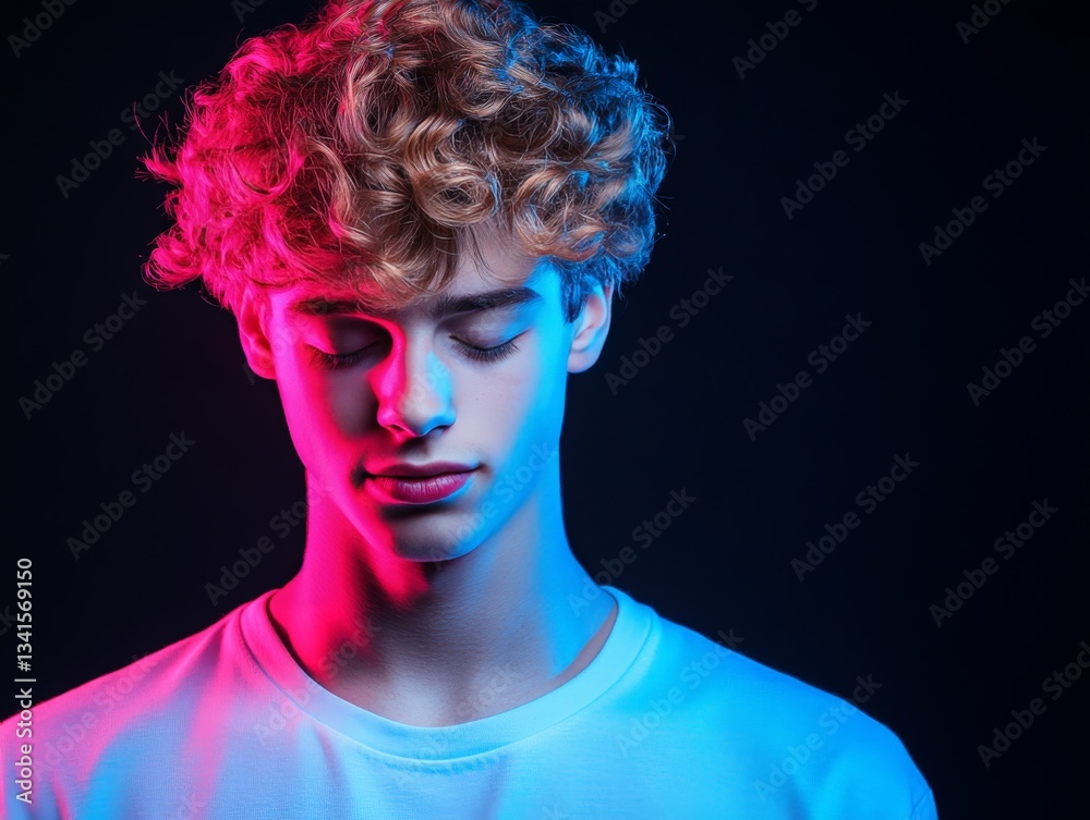 Young man with a serious expression and glowing neon strands in his hair, symbolizing deep focus and modern creativity in a high tech world Young man with a serious expression and glowing neon strands in his hair, symbolizing deep focus and modern creativity in a high tech world