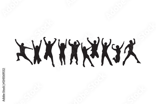 Elegant diverse people jumping silhouettes art vector set