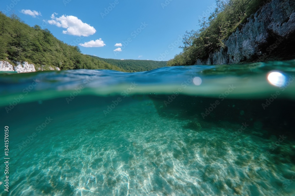 Fototapeta premium A mesmerizing underwater scene blending vibrant aquatic life with clear waters, showcasing the beauty of nature beneath a bright blue sky and lush greenery.