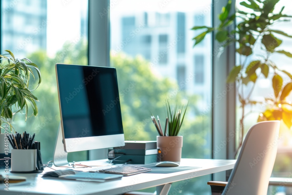 Fototapeta premium Contemporary office with streamlined desk and ergonomic chair and natural light