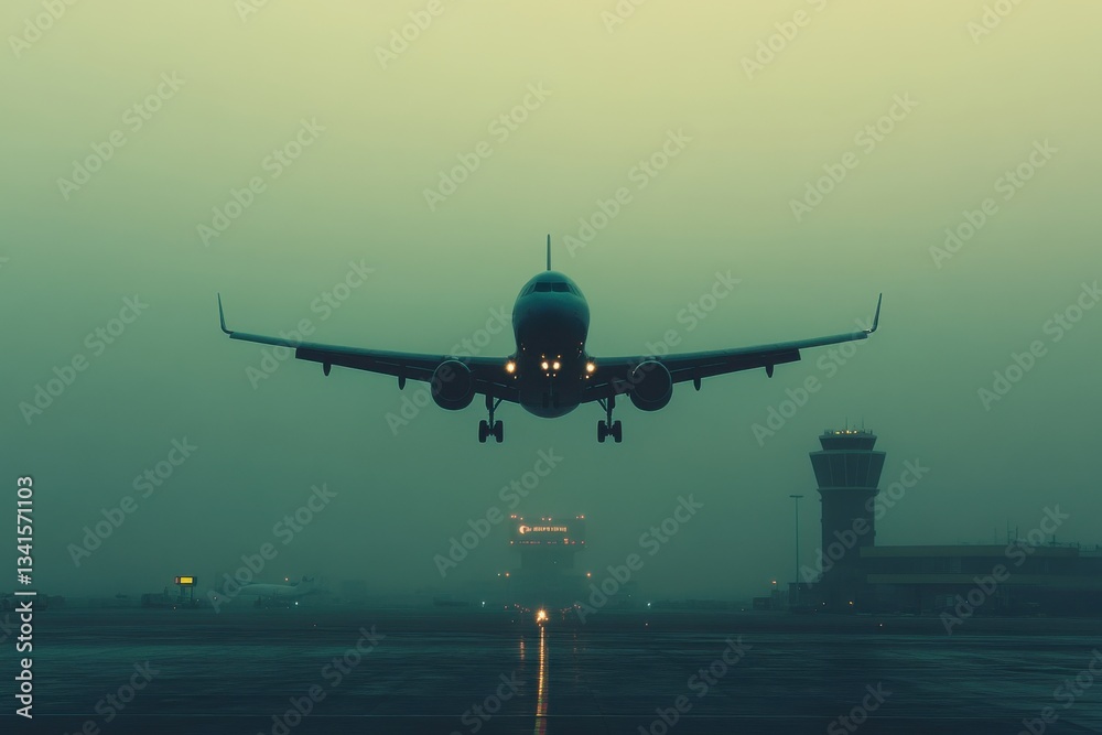 Airplane Landing in Foggy Conditions at an Airport During Golden Hour with Control Tower in View Airplane Landing in Foggy Conditions at an Airport During Golden Hour with Control Tower in View