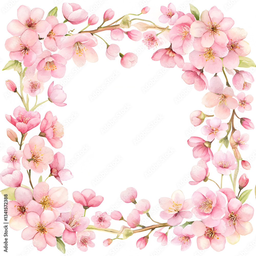Naklejka premium Delicate airy square frame adorned with soft pink cherry blossoms, featuring gentle watercolor strokes for a tranquil Japanese-inspired floral border.