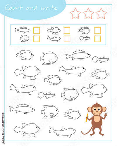 Fun monkey count the fishes. Educationfor children.