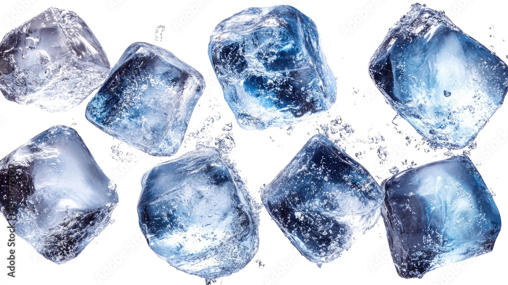 Obraz premium Melting ice cubes on a blue background with water drops and reflections