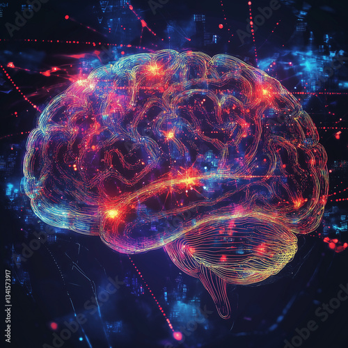 Striking abstract human brain illustration glowing with vibrant digital energy and innovative neural design details