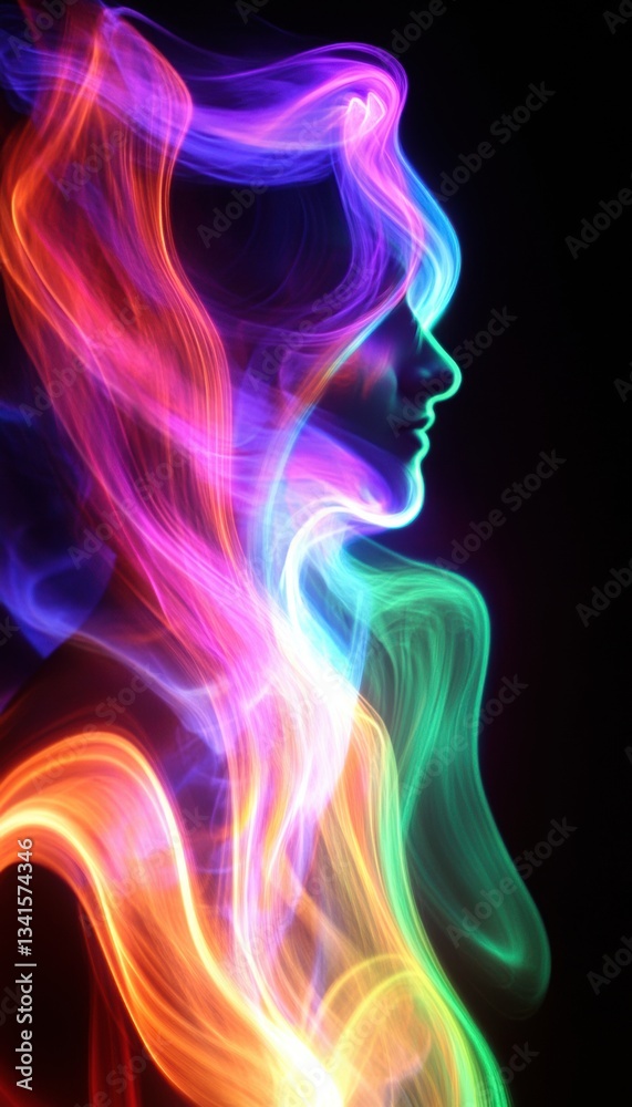 Fototapeta premium Abstract colorful light painting forming a human profile. Vibrant hues and dynamic energy.
