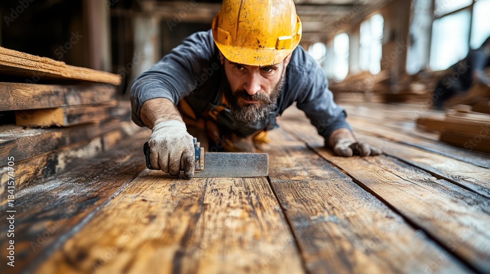 Fototapeta premium A carpenter cutting intricate cabinet joints with a biscuit joiner tool, ensuring perfect alignment for a seamless finish