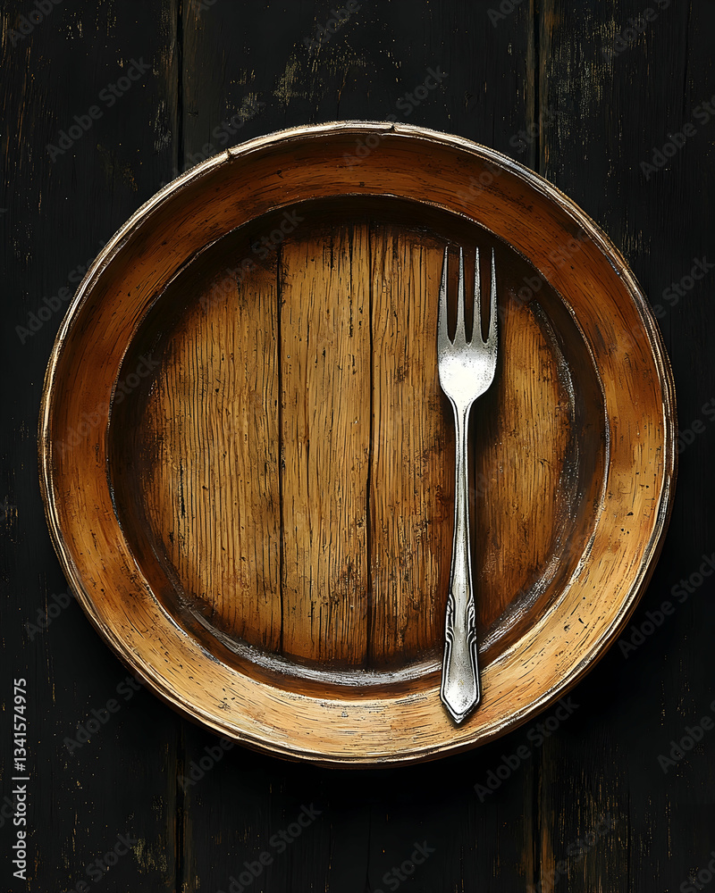Fototapeta premium Rustic wooden plate with a single fork, set against a dark wooden background. Overhead view. Simple, minimalist composition