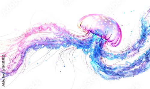 Iridescent Jellyfish Floating with Graceful Tentacles Isolate on White Background