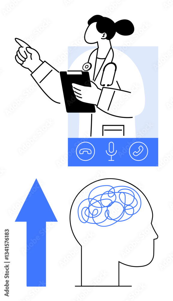Obraz premium Doctor pointing while holding clipboard, blue video call icons, brain illustration with chaotic lines, and upward arrow. Ideal for telemedicine, mental health, virtual communication, online therapy