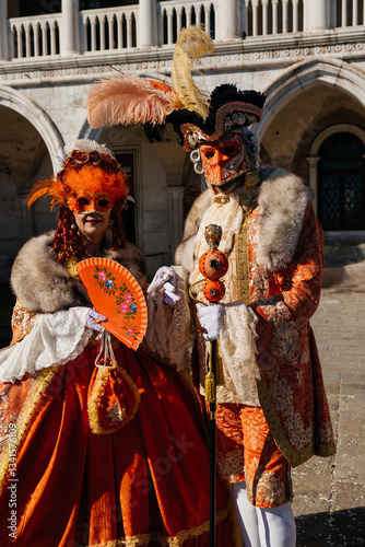 Venice Carnival Scene: Masked Couple with Fan and Feathers 