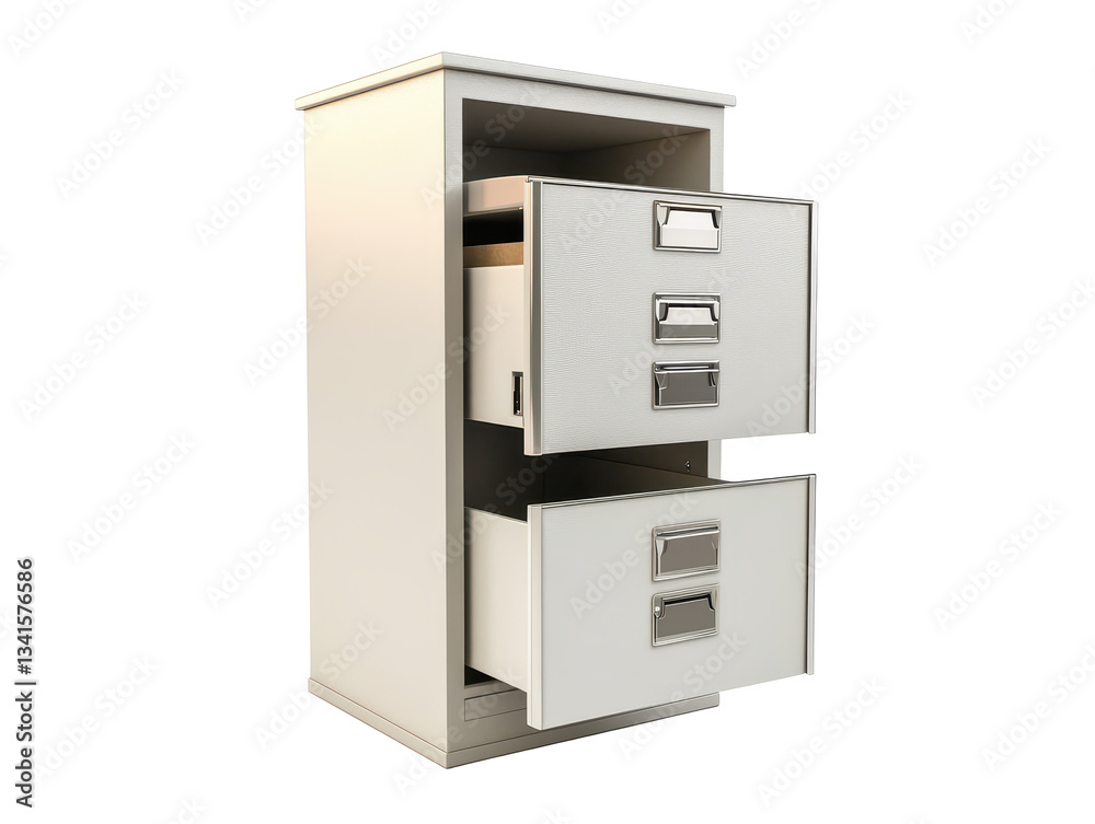 Modern white filing cabinet with two drawers and metal handles, isolated on white background for office organization and storage solutions Modern white filing cabinet with two drawers and metal handles, isolated on white background for office organization and storage solutions
