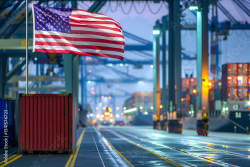 Cargo shipping container with USA United States flag in a port harbor,