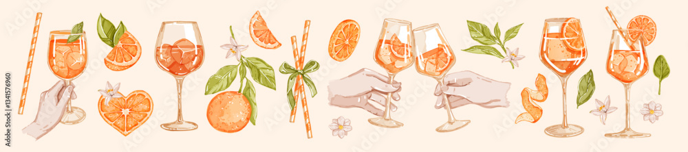 Fototapeta premium Aperol cocktail set, vector watercolor alcohol drinks print collection, Italian summer orange glass. Hand drawn fresh beverages bar illustration, citrus fruit, straw, ribbon bow. Aperol cocktail party
