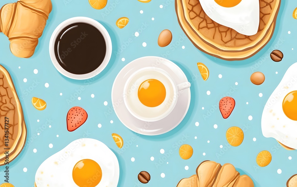 Deliciously detailed breakfast-themed pattern with pancakes, coffee, croissants, and sunny-side-up eggs Deliciously detailed breakfast-themed pattern with pancakes, coffee, croissants, and sunny-side-up eggs