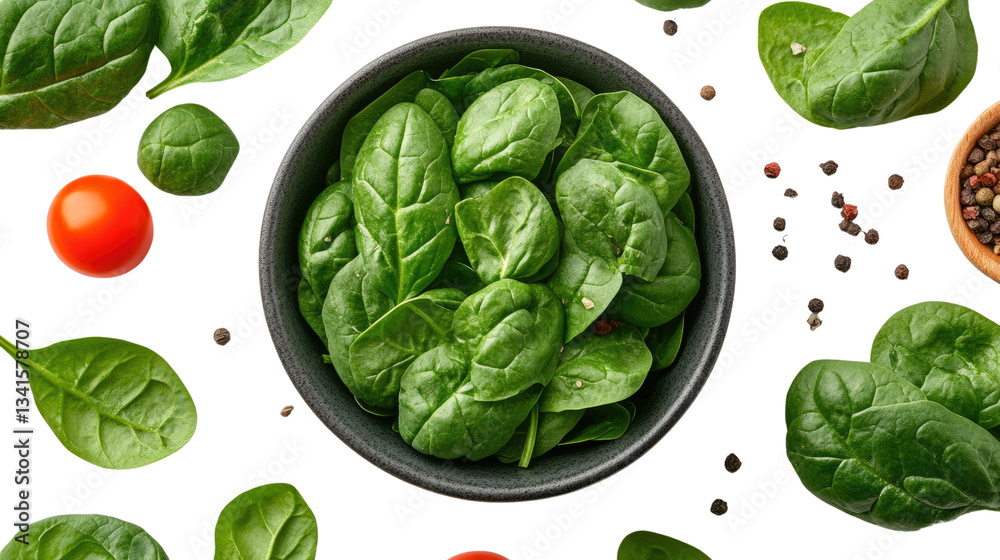 Obraz premium Fresh green spinach and basil leaves are healthy vegetarian ingredients