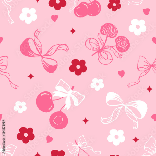 Seamless pattern cute coquette red cherry with cute coquette ribbon on color background. Vector illustration.	