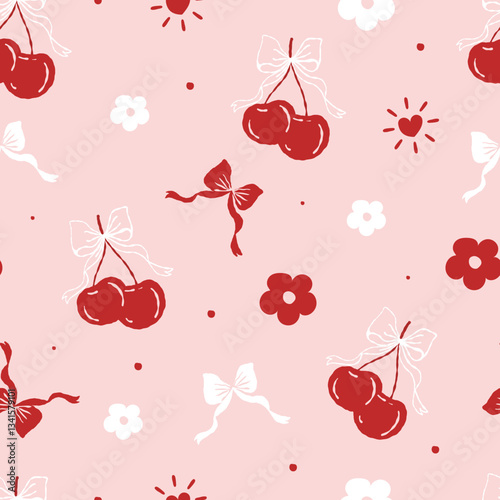 Seamless pattern cute coquette red cherry with cute coquette ribbon on color background. Vector illustration.	