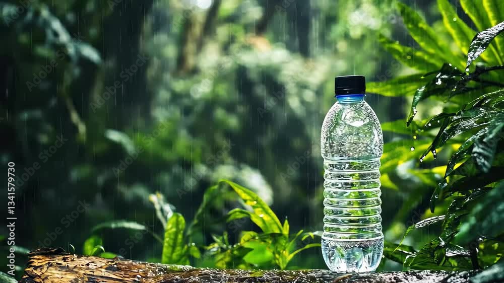 Water bottle resting on a log surrounded by lush greenery in a rain-drenched forest setting, A plastic water bottle sits on a log in a lush, green forest, rain falling around it