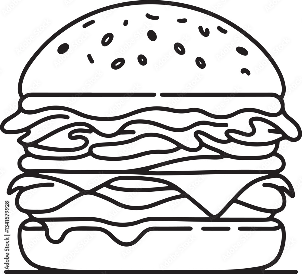Minimalist Line Drawing of a Delicious Burger Minimalist Line Drawing of a Delicious Burger