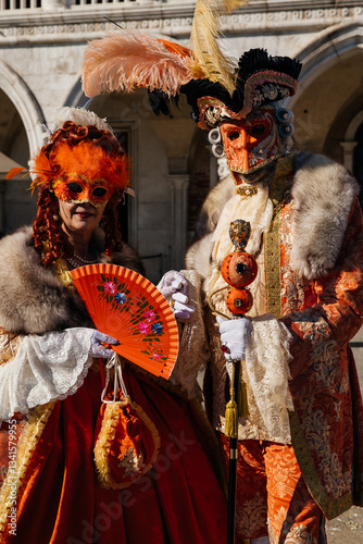 Venice Carnival Scene: Masked Couple with Fan and Feathers 