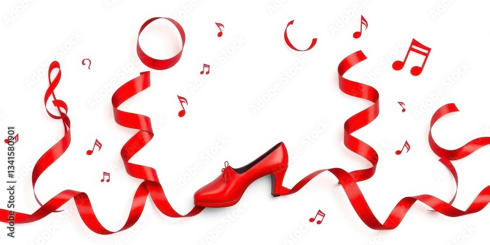 Red swirling ribbons, stylized shoes, musical notes on white background , music, vector Red swirling ribbons, stylized shoes, musical notes on white background , music, vector