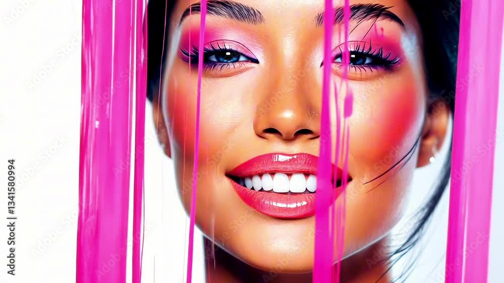 Fashion model posing with bright pink makeup and abstract fuchsia ribbons lines on white background