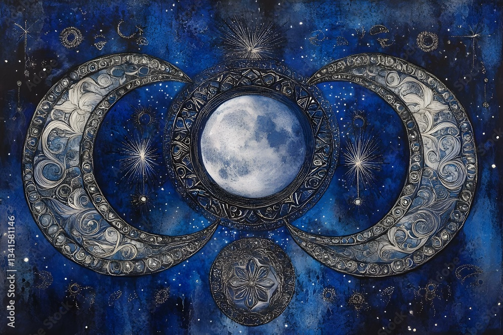 Naklejka premium An artistic representation of the moon surrounded by ornate crescent shapes and star motifs in a deep blue night sky. Concept Moonlit Artistry, Ornate Crescents, Star Motifs, Deep Blue Night Sky