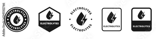 Electrolytes. Vector stamps for product packaging or bottle. Drop with thunderbolt.