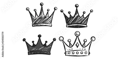 Hand drawn doodle set of grunge crayon collection of hand drawn doodles featuring rough crayon, charcoal, and chalk-style crown icons. These sketchy line illustrations depict various interpretations