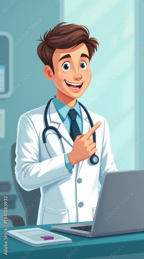 Friendly medicine doctor with laptop in hospital room. Healthcare cartoon Friendly medicine doctor with laptop in hospital room. Healthcare cartoon