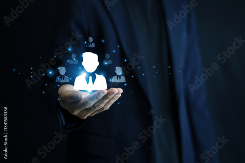 Obraz na płótnie Businessman using CRM to analyze customer behavior allows businesses to refine marketing strategies and boost sales effectively. Customer relationship management concept. w salonie