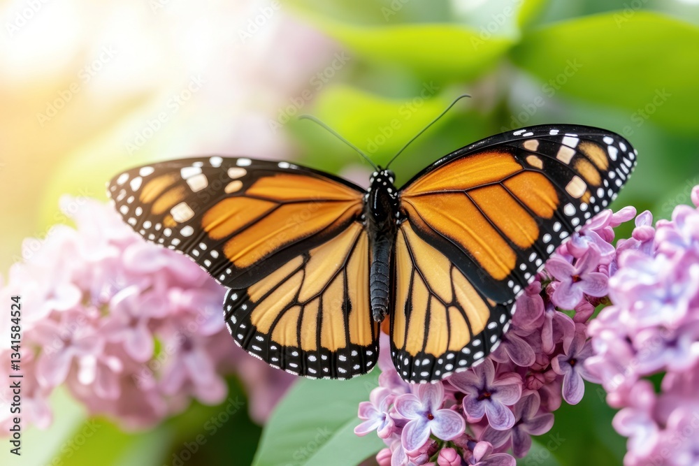 Naklejka premium Monarch butterfly on lilac, garden sun