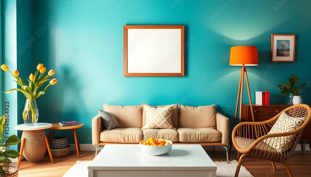 Obraz premium Retro living room, teal blue wall, wicker rattan chair, orange lamp, wooden side table, framed mirror, bookshelf, cozy interior, mid-century modern design