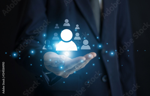 Obraz na płótnie Businessman Integrating CRM with AI and machine learning allows businesses to predict customer needs and automate tailored recommendations. Customer relation ship management. w salonie