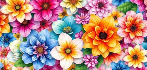 Vibrant watercolor floral blooms in diverse hues, forming a seamless repeat pattern, blossom, paint