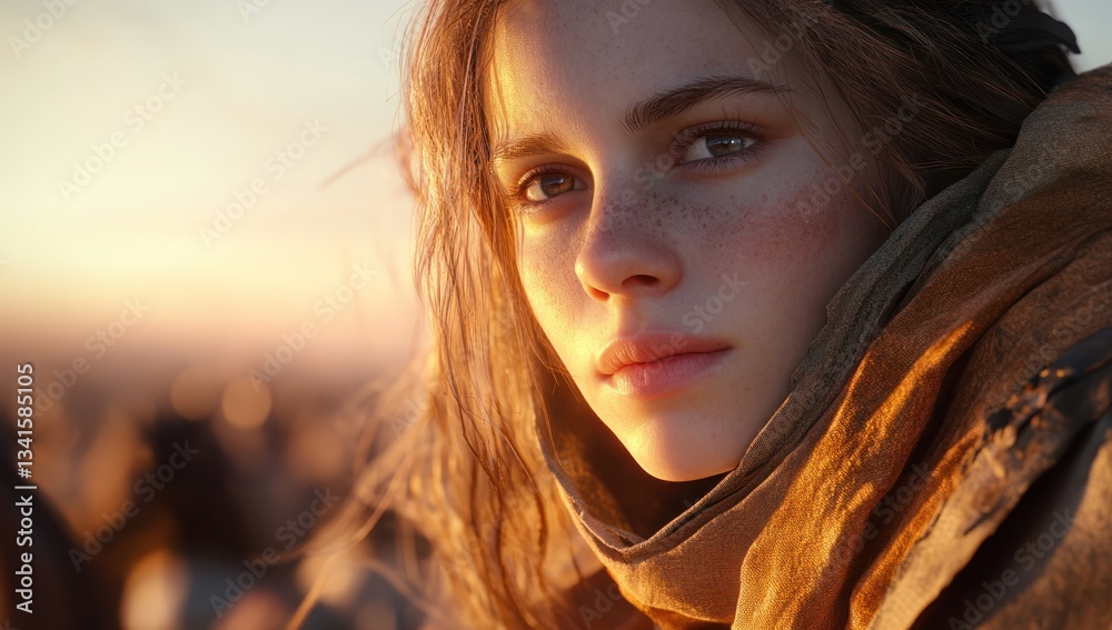 Fototapeta premium Girl sunset portrait, field background, pensive mood, story illustration