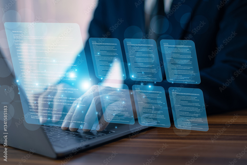 Businessman using AI-powered document analysis enhances data extraction, automates information processing, and improves accuracy for efficient decision-making and business intelligence.