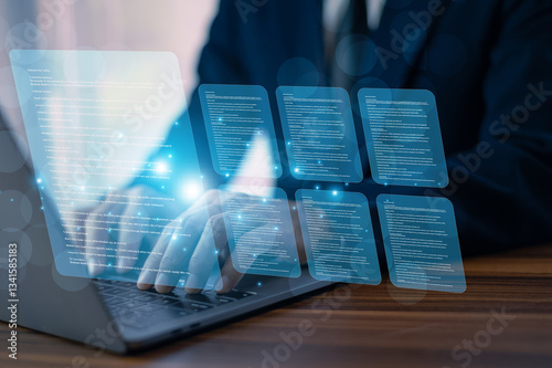 Obraz na płótnie Businessman using AI-powered document analysis enhances data extraction, automates information processing, and improves accuracy for efficient decision-making and business intelligence. w salonie