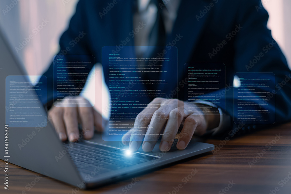 Businessman using AI-powered document analysis enhances data extraction, automates information processing, and improves accuracy for efficient decision-making and business intelligence.
