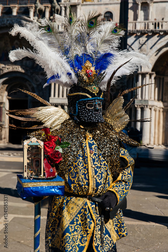 Italian Carnival Figure: Masked and Ornate with Peacock Feathers 