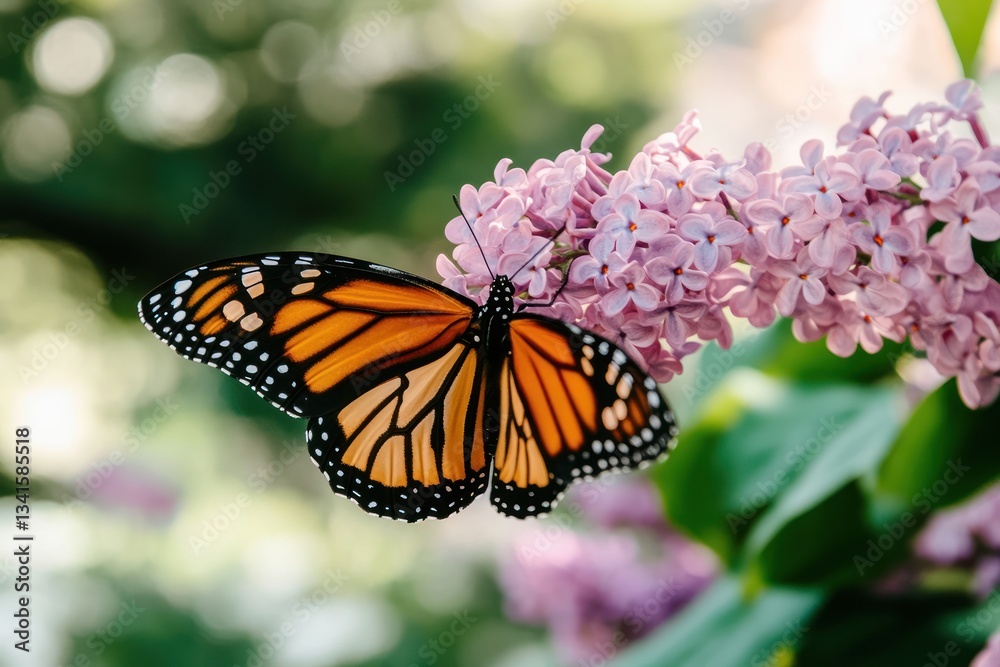 Fototapeta premium Monarch butterfly on lilac flowers in garden