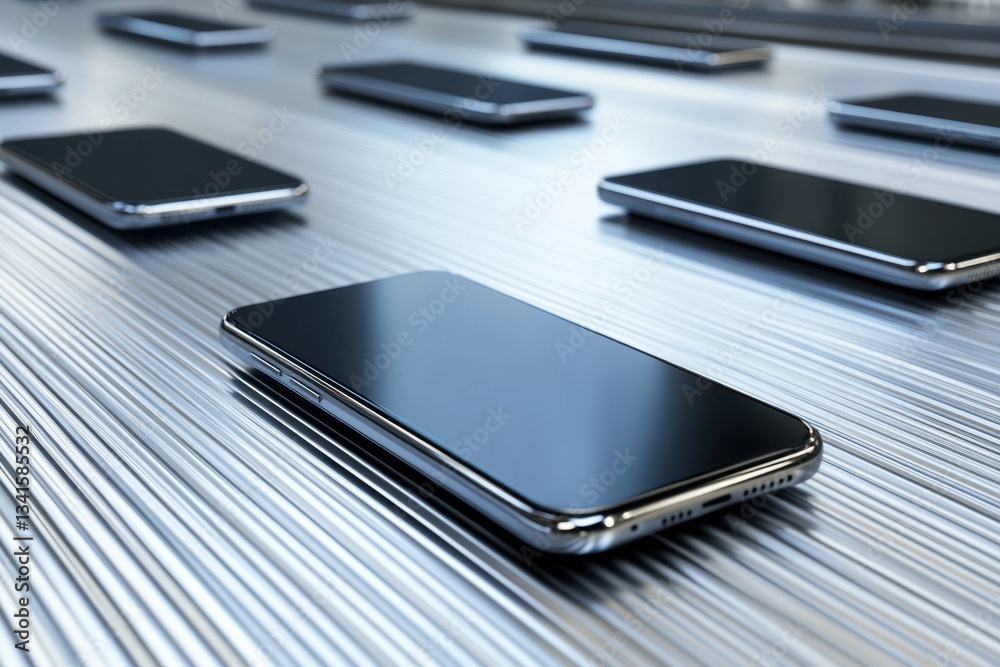 Multiple smartphones arranged on a metallic surface, close-up of sleek smartphones on textured metal. Multiple smartphones arranged on a metallic surface, close-up of sleek smartphones on textured metal.