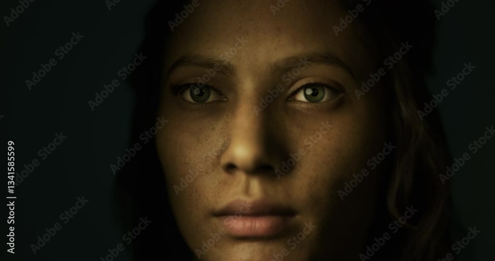 A woman stares directly at the viewer with a calm expression. Her long hair frames her face, and the low light creates a dramatic atmosphere around her features. A woman stares directly at the viewer with a calm expression. Her long hair frames her face, and the low light creates a dramatic atmosphere around her features.