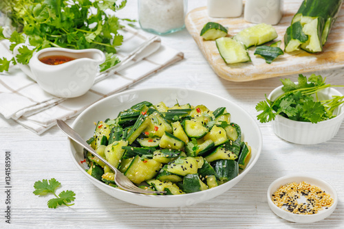 Japanese smashed cucumber salad in a white bowl