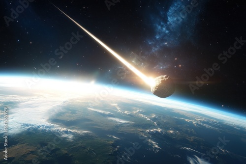Asteroid approaching Earth, atmospheric entry, sunrise background; disaster concept